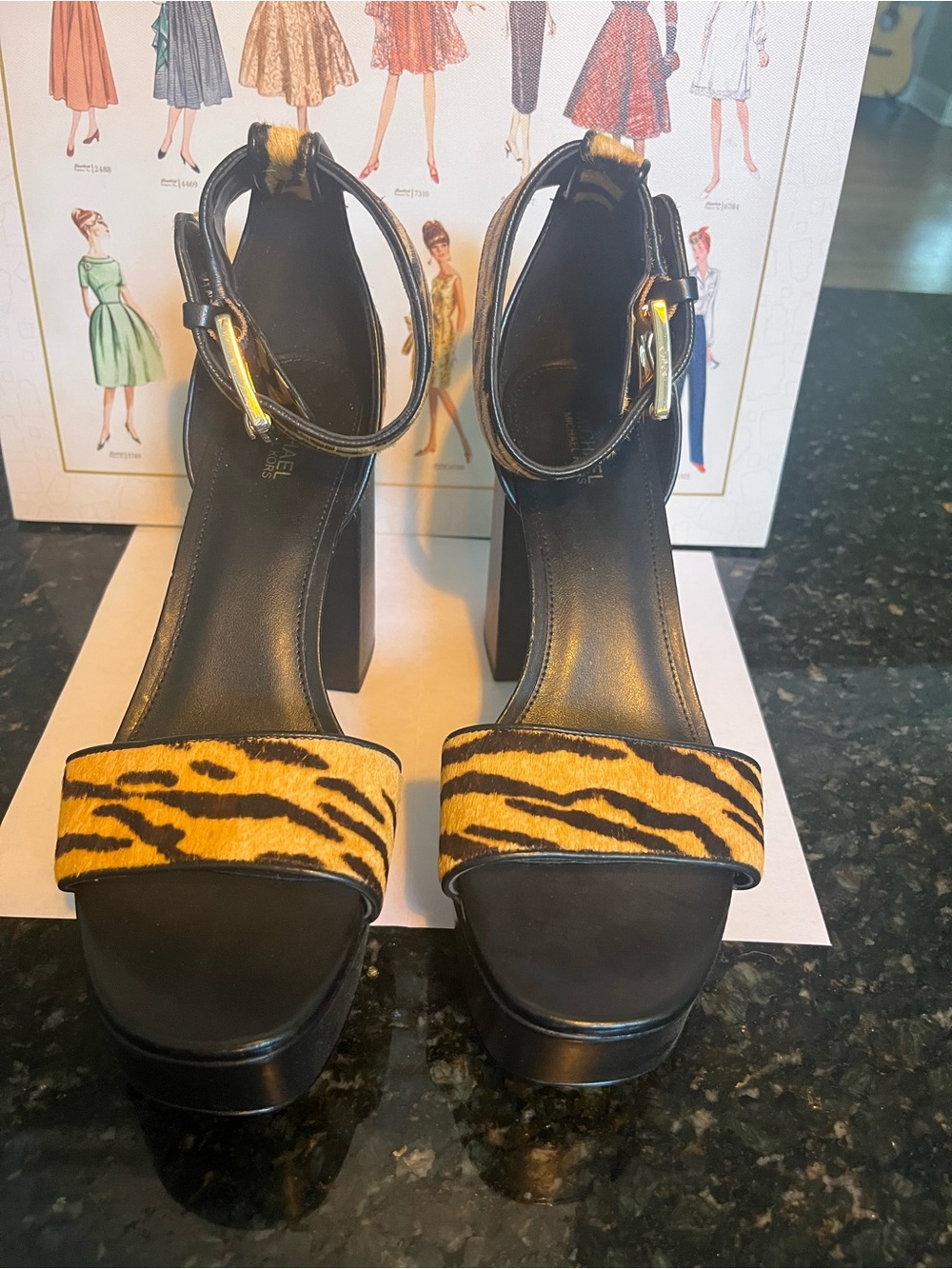 Michael Kors Black Platform Heels with Yellow Tiger-Print Strap